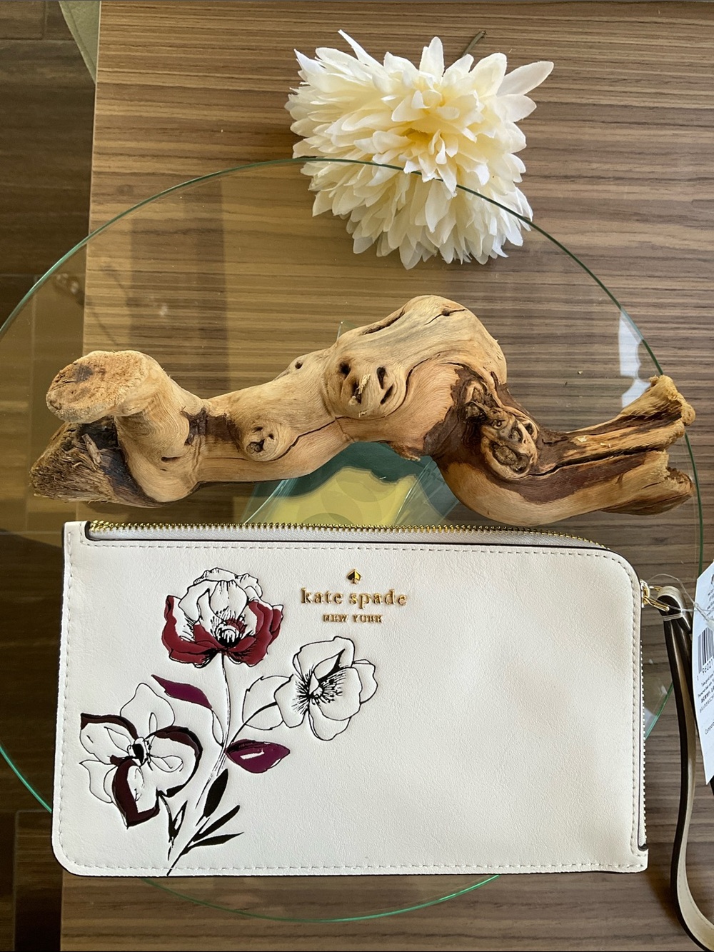 Kate Spade White Floral Zip Clutch with Gold Logo
